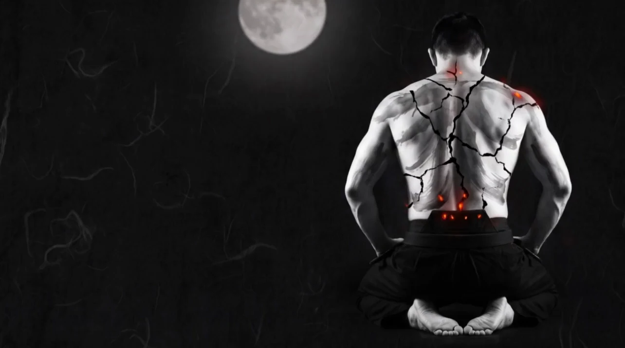 A kneeling athlete seen from behind under a full moon. The cracks of pain across his back heal into a river of turquoise light along the spine.