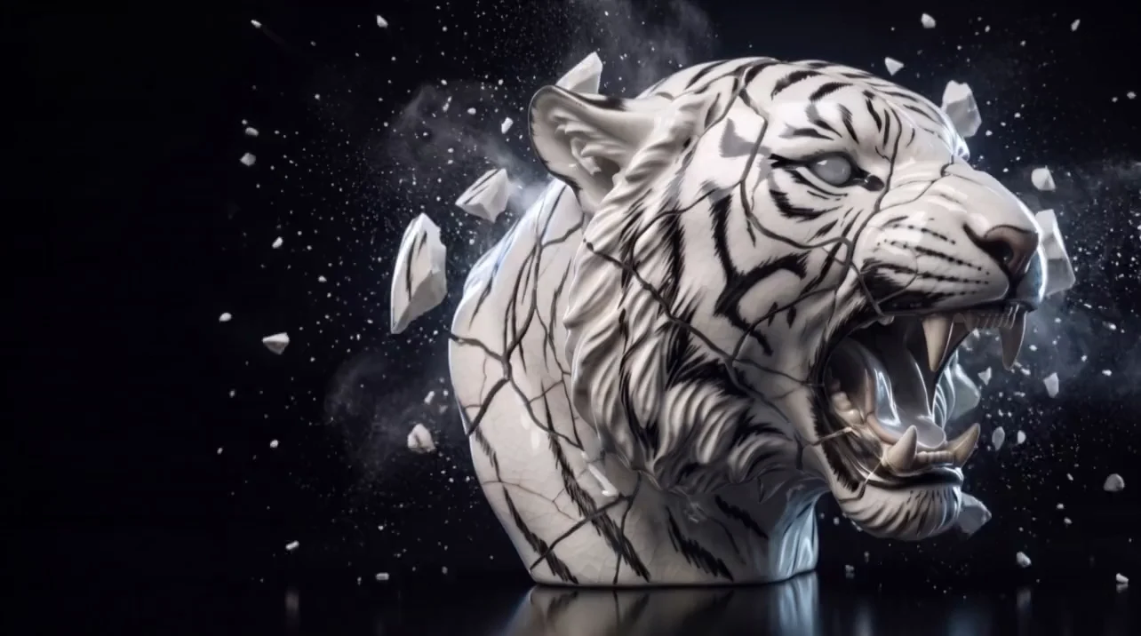 A shattered white porcelain tiger head pulls itself back together, its cracks filling with gold.